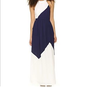 Shoshanna Navy Blue White Maxi Dress Darren Color Block High Halter Neck Long